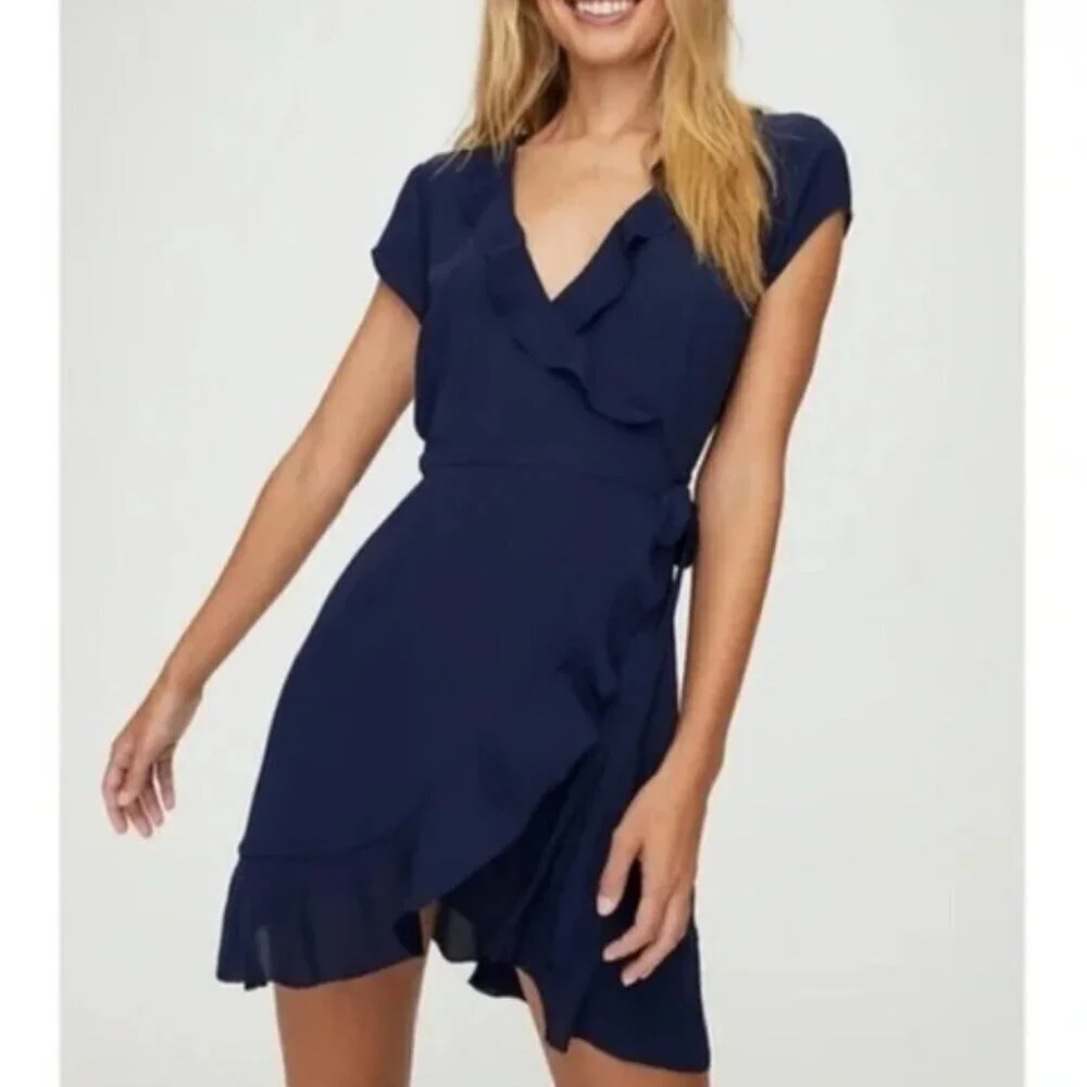 Aritzia Sunday Best Ruffle Savoy Wrap  Dress Navy Blue Size 0